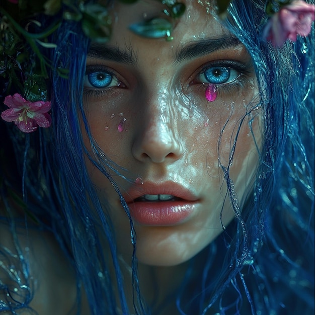 Photo beautiful woman with blue hair and flowers in her eyes