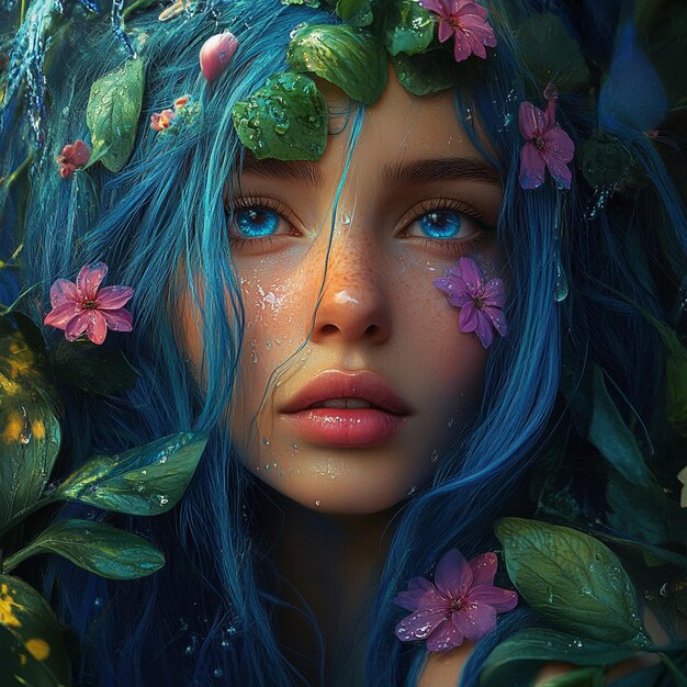 Beautiful woman with blue hair and flowers in her eyes