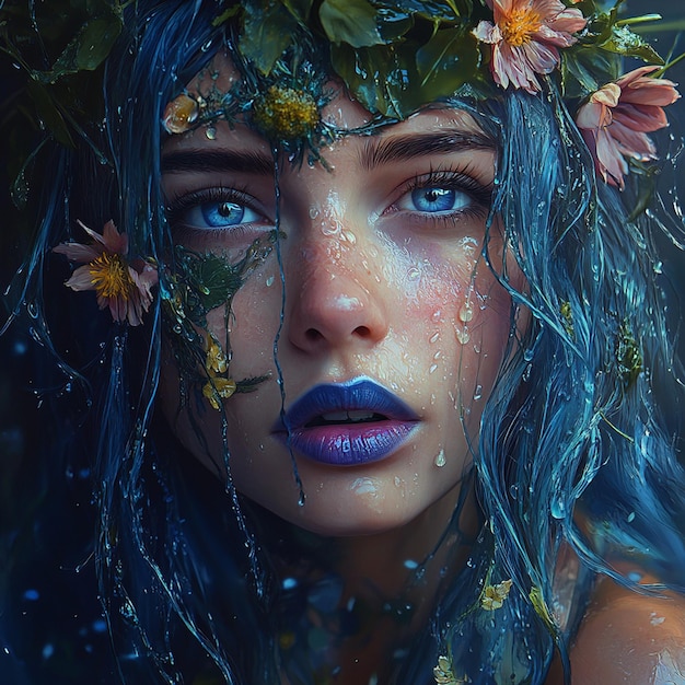 Beautiful woman with blue hair and flowers in her eyes