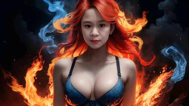 beautiful woman with blue hair and red lips on fire background