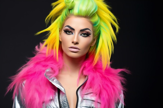 Beautiful woman with bright makeup and colorful hair Studio shot