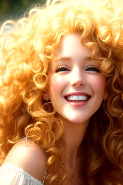 A beautiful woman with a cascade of golden curls her eyes twinkling with joy as she smiles Aigen