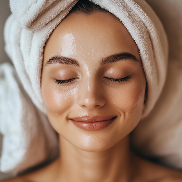 Beautiful Woman with Closed Eyes Enjoying Relaxing Facial Massage in a Luxurious Spa Setting