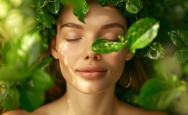 Beautiful woman with closed eyes surrounded by fresh green leaves in natural sunlight