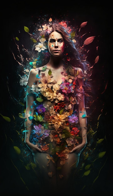 Beautiful Woman with colorful flowers. Generative AI.