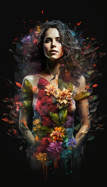 Beautiful Woman with colorful flowers. Generative AI.