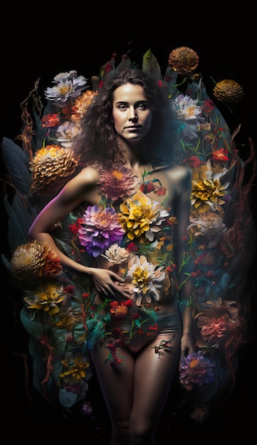 Beautiful Woman with colorful flowers. Generative AI.