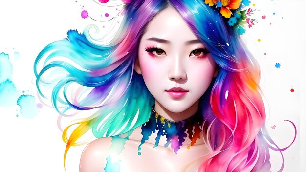 a beautiful woman with colorful hair and abstract background