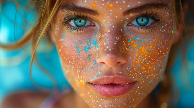 Photo beautiful woman with colorful powder on her face closeup