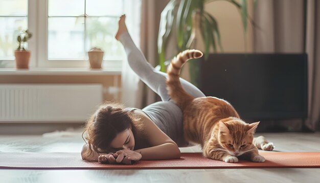 Photo beautiful woman with cute red cat practicing yoga on mat at home