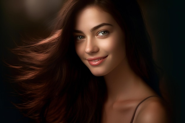 Beautiful woman with dark brown hair in the style of smooth and polished with Generative AI