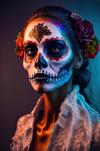 Beautiful woman with day of the dead make up Vividcolor background AI Generated