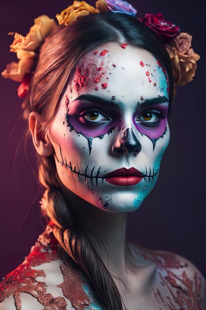 Beautiful woman with day of the dead make up Vividcolor background AI Generated