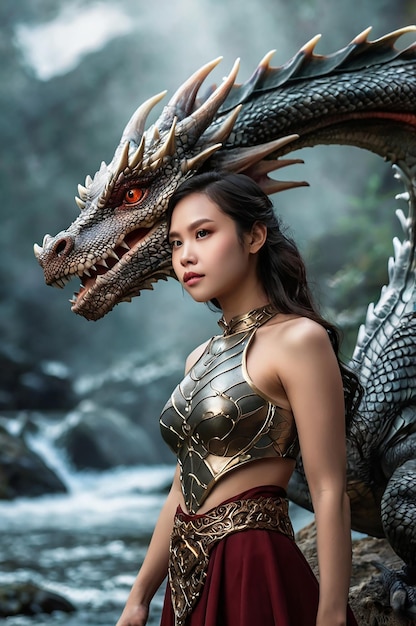 Beautiful woman with dragon fantasy scene