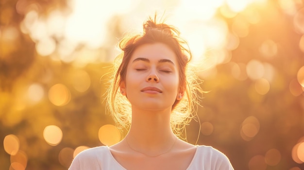 Beautiful woman with eyes closed and relaxing the sun in a warmth park at sunset