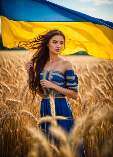 Beautiful woman with a flag in a wheat field in Ukraine selective focus