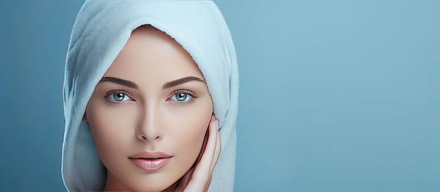 Photo beautiful woman with flawless facial skin wearing a towel