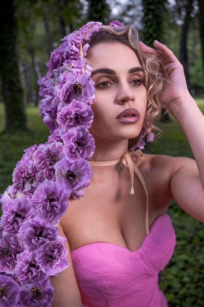 Beautiful woman with flower cloak in ivy forest