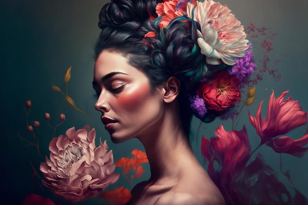 Beautiful woman with flowers Portrait close up view Woman's Day concept Blossom power of women Generative AI