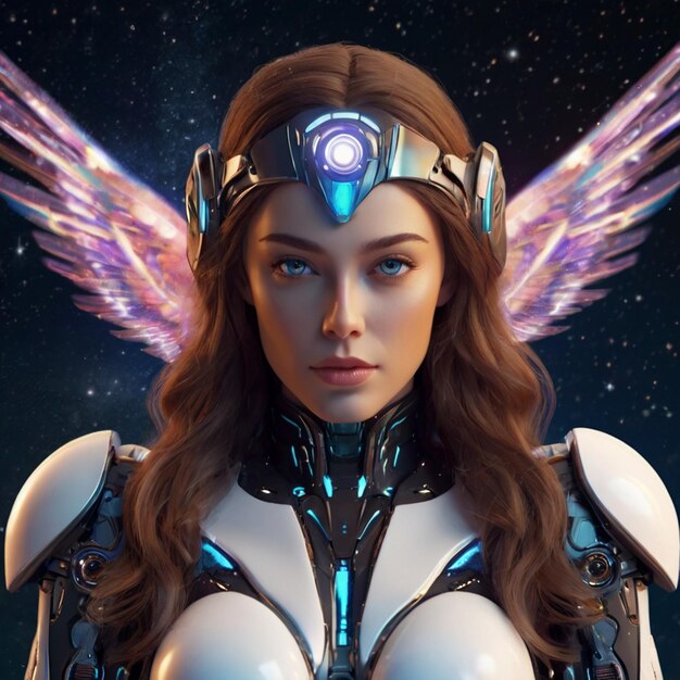 a beautiful woman with flowing hair a beautiful face and a heros aura wearing a robot