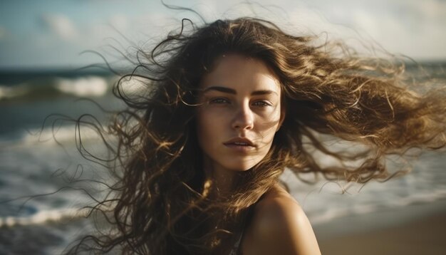 Beautiful woman with fluttering hair on the beach