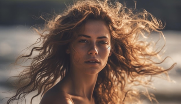 Beautiful woman with fluttering hair on the beach