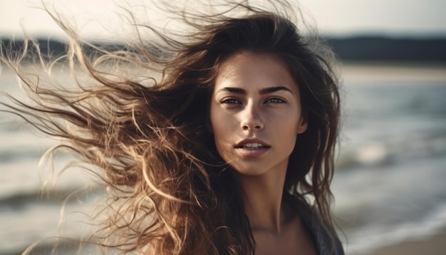 Beautiful woman with fluttering hair on the beach