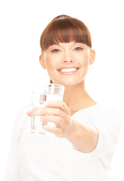 beautiful woman with glass of water over white