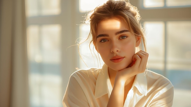 Beautiful Woman with Golden Sunlight on her Face Looking Out Window