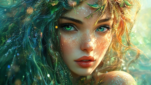 Photo a beautiful woman with green eyes and a crown of leaves she is surrounded by a mystical ethereal glow