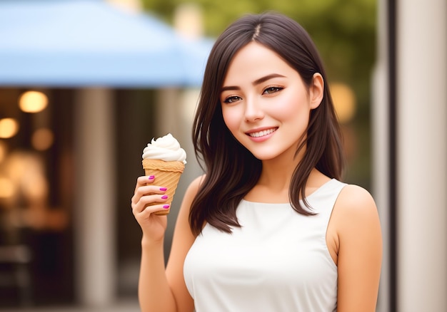 Beautiful woman with an ice cream cone on a sunny summer day Generative AI