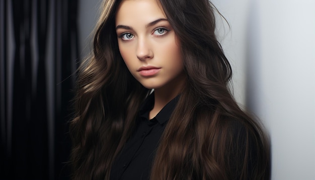 Photo beautiful woman with long brown hair looking at the camera generated by artificial intelligence