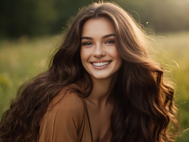 A beautiful woman with long brown hair smiles in nature