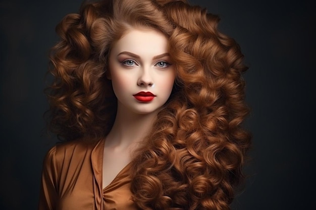 Beautiful woman with long curly brown hair exudes elegance and glamour generated