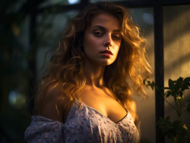 a beautiful woman with long curly hair posing in front of a window