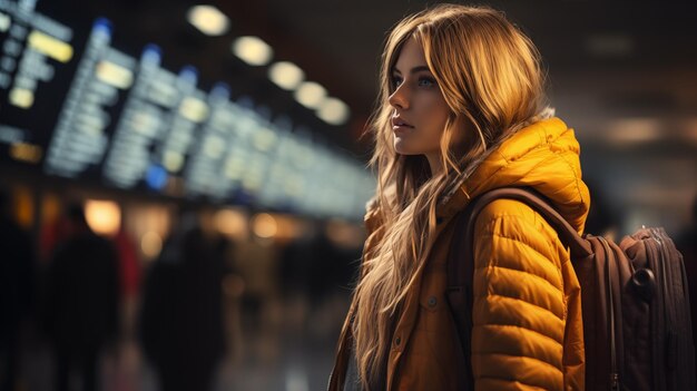 A beautiful woman with long hair yellow jacket and backpack at the airport looking at the scoreboard