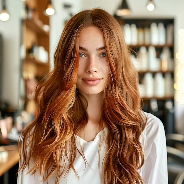 Beautiful Woman with Long Red Hair in a Modern Salon