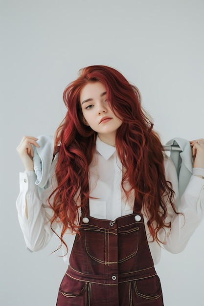 Photo beautiful woman with long red hair wearing a white shirt and brown overalls