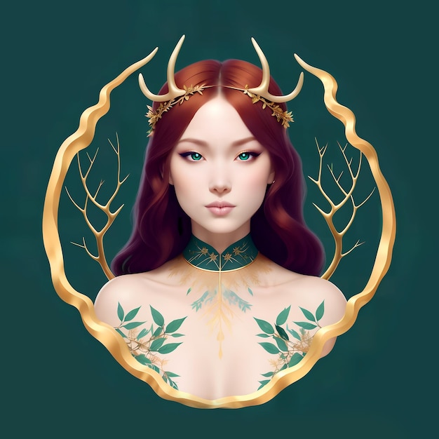 Beautiful woman with long red hair a wreath and horns AI