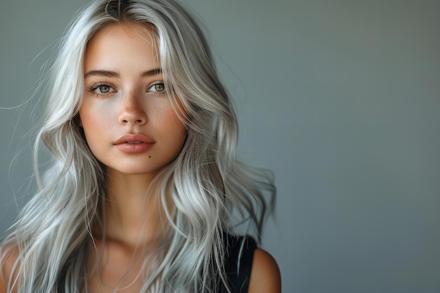 A beautiful woman with long silver hair in a studio shot against a grey background her hair color i