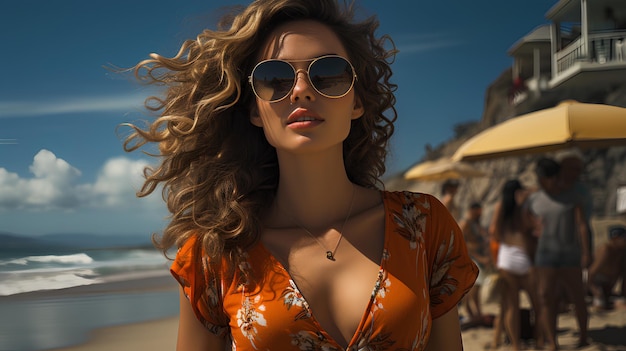 A beautiful woman with long wavy hair in a hat and sunglasses stands against the backdrop of the beach and the ocean