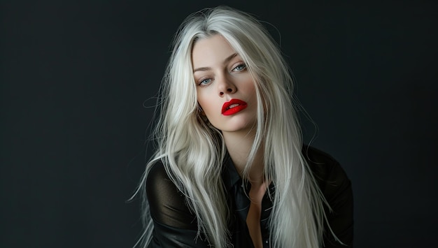 A beautiful woman with long white hair and red lipstick posing against a black background