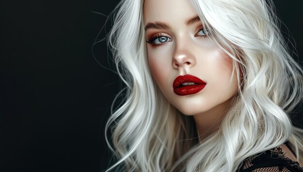 A beautiful woman with long white hair and red lipstick posing against a black background