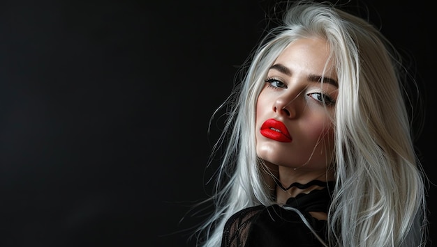 A beautiful woman with long white hair and red lipstick posing against a black background