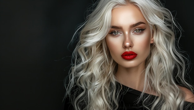 A beautiful woman with long white hair and red lipstick posing against a black background