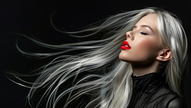 A beautiful woman with long white hair and red lipstick posing against a black background