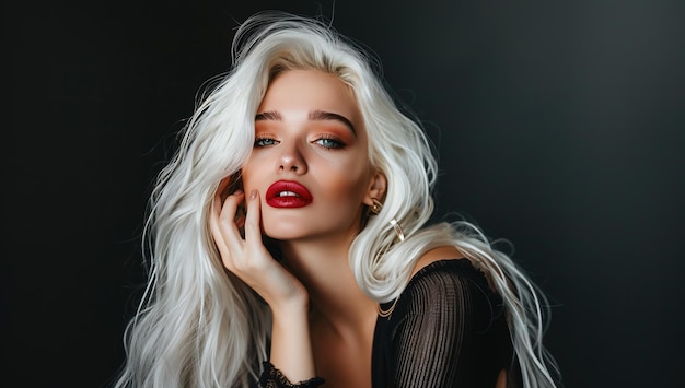 A beautiful woman with long white hair and red lipstick posing against a black background