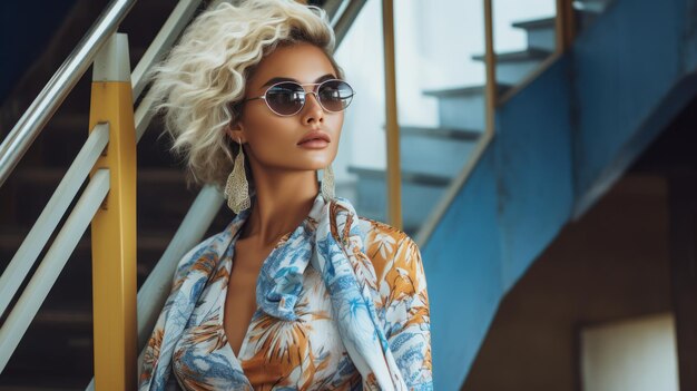 Beautiful woman with model looks creating fashionable looks in the office stairwell in Bali