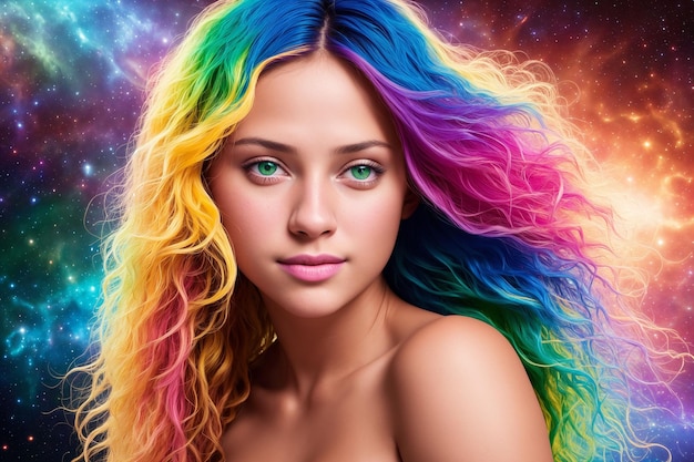 A beautiful woman with multicolored hair looks at the camera against the backdrop of a colorful cosmic sky with stars and planets Generative AI