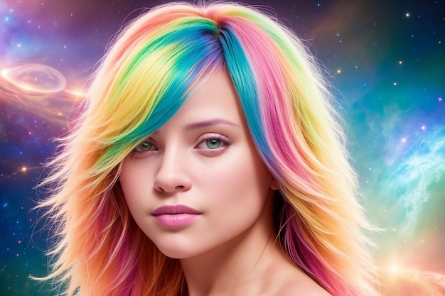 A beautiful woman with multicolored hair looks at the camera against the backdrop of a colorful cosmic sky with stars and planets Generative AI